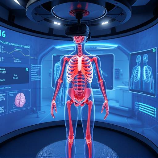 Skjermbilde av en VR-simulator som viser menneskekroppen i 3D.